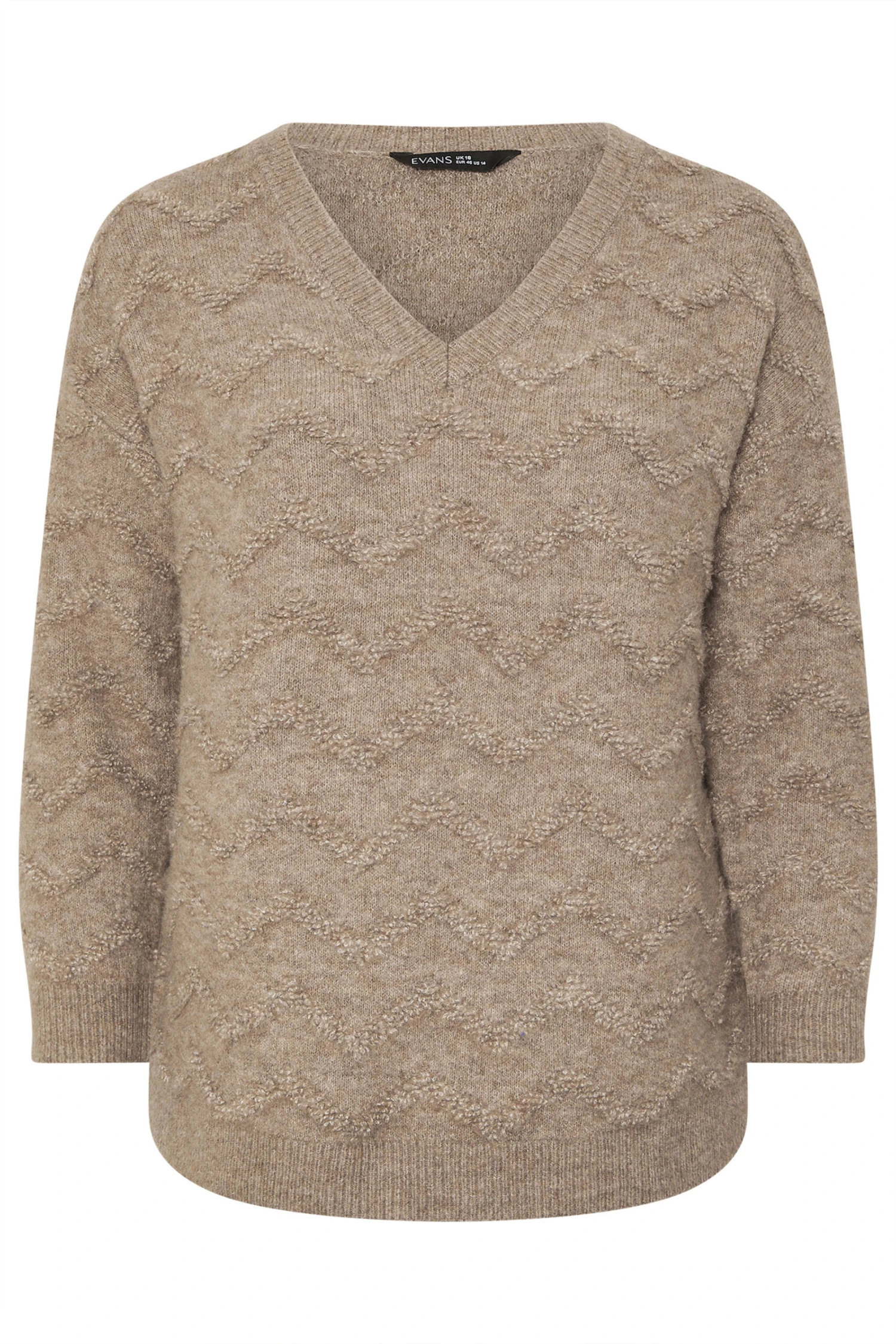 EVANS Curve Natural Brown Zig Zag V-Neck Knitted Jumper 7 EVANS Curve Natural Brown Zig Zag V-Neck Knitted Jumper – Image 5