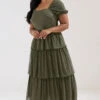 YOURS Curve Robe Longue à Volants Vert Kaki