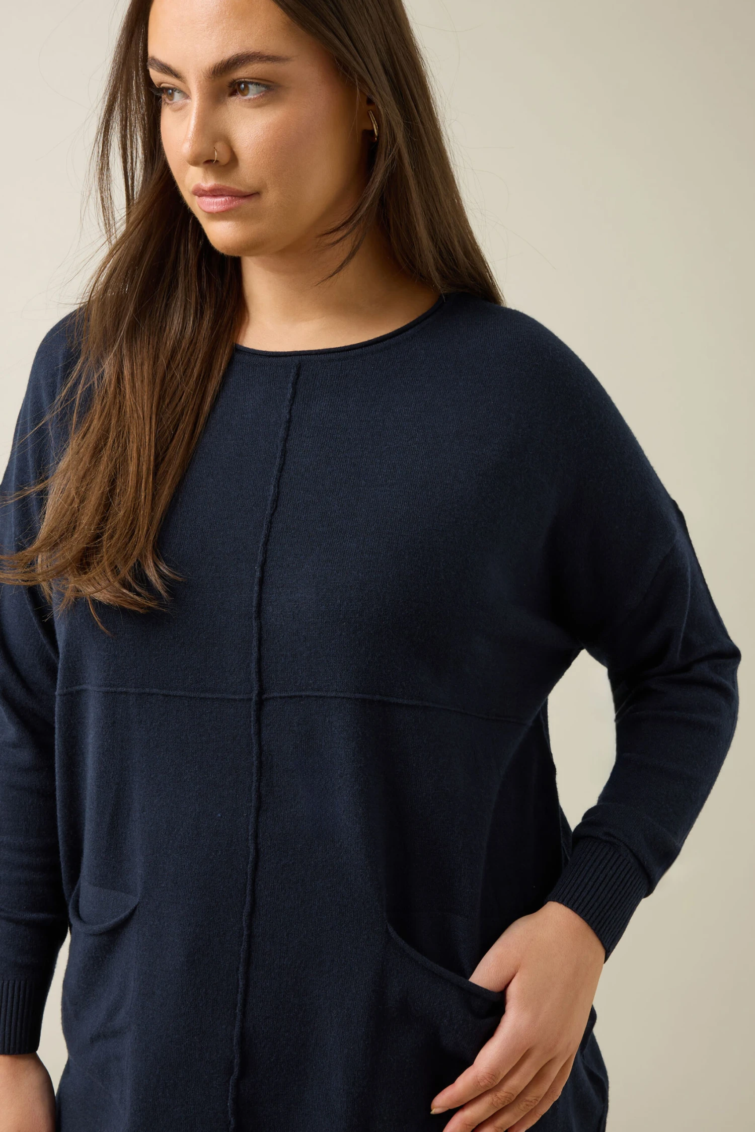EVANS Curve Navy Blue Pocket Front Knitted Jumper 6 EVANS Curve Navy Blue Pocket Front Knitted Jumper – Image 4