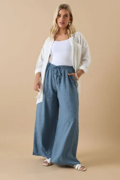 YOURS - Pantalon Wide Leg Bleu Texturé à Poches -Evans Boutique 056ffc63 607f 44 310166 B