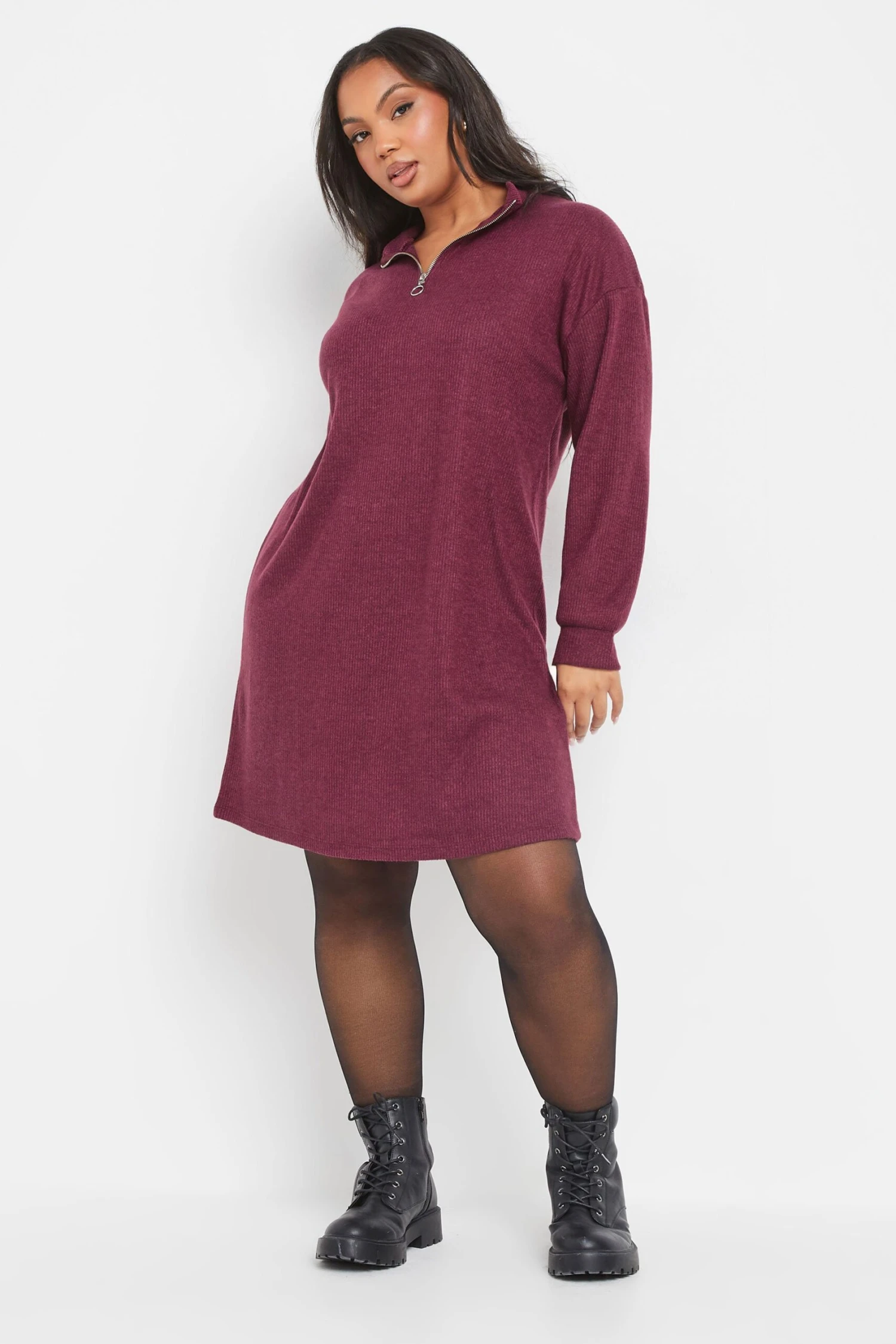 YOURS Curve Robe Pull Côtelée Rose Foncé à Col Zippé 3 YOURS Curve Robe Pull Côtelée Rose Foncé à Col Zippé