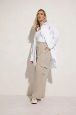 YOURS - Pantalon Wide Leg Cargo Beige En Lin