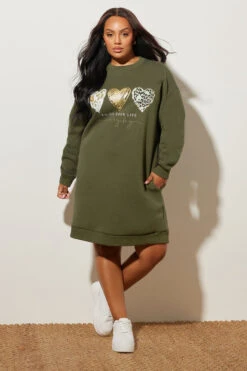 YOURS Curve Robe Sweat-shirt Vert Kaki « Enjoy Your Life »