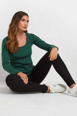 LTS Tall Emerald Green Ribbed Button Long Sleeve Top -Evans Boutique 08620370 e3ad 40 355105 B