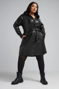 LIMITED COLLECTION - Robe-Chemisier Noire Effet Cuir Manches Longues