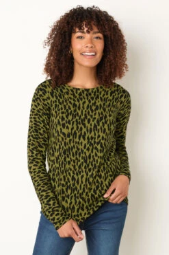 M&Co Green Leopard Print Crew Neck Jumper