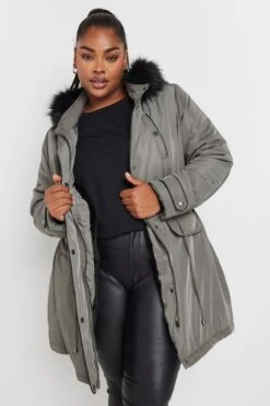YOURS - Manteau Parka Gris Charbonneux Capuche Fausse Fourrure