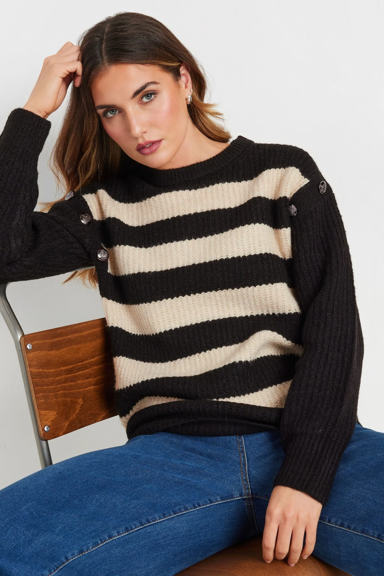 LTS Tall Black Knitted Striped Button Jumper 3 LTS Tall Black Knitted Striped Button Jumper