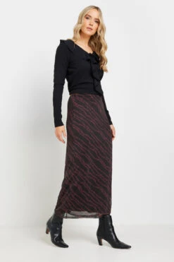 LTS Tall Burgundy Red Mesh Abstract Maxi Skirt