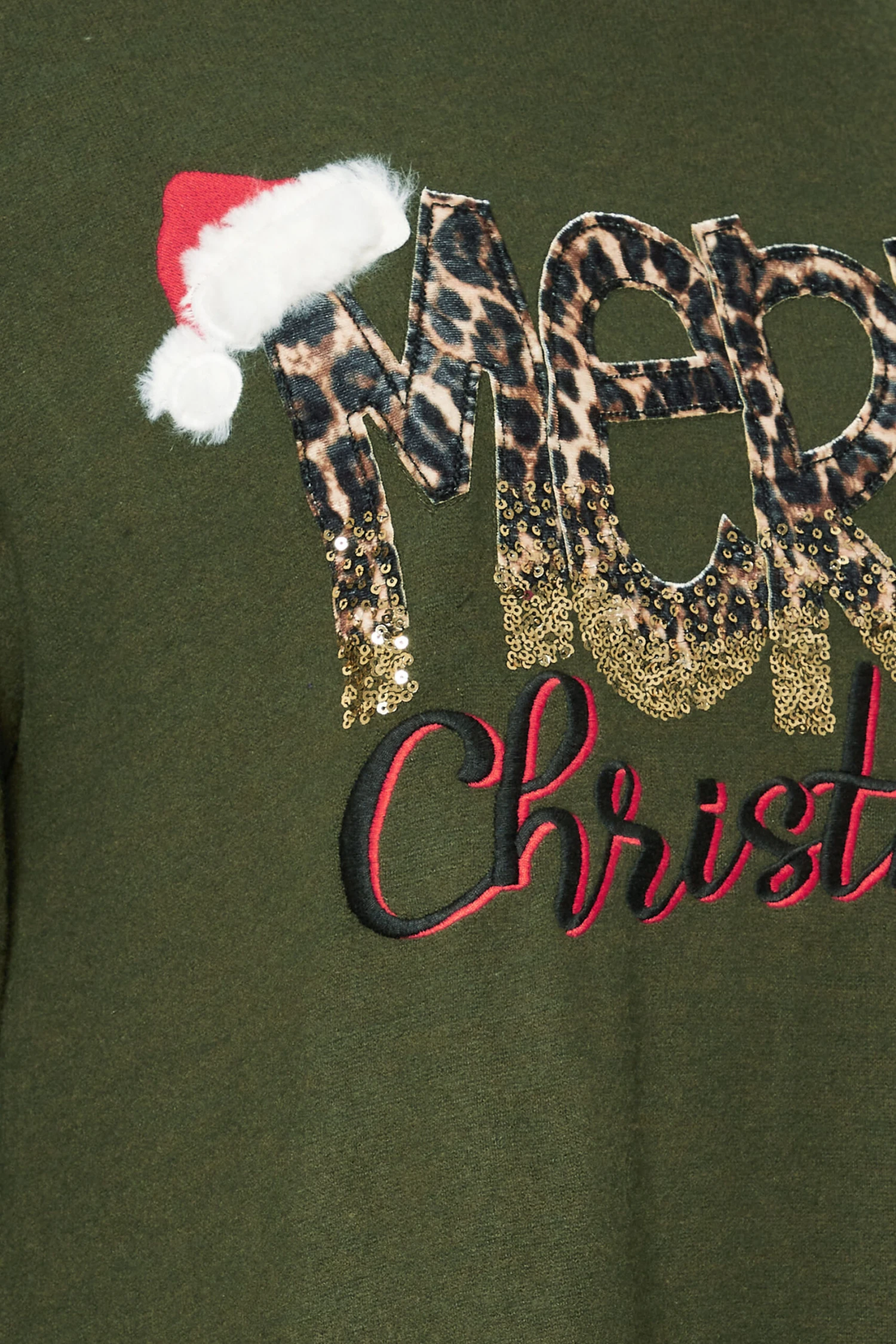 YOURS - Sweatshirt Vert Kaki Brodé 'Merry Christmas' Sequins Léopard 8 YOURS - Sweatshirt Vert Kaki Brodé 'Merry Christmas' Sequins Léopard – Image 6