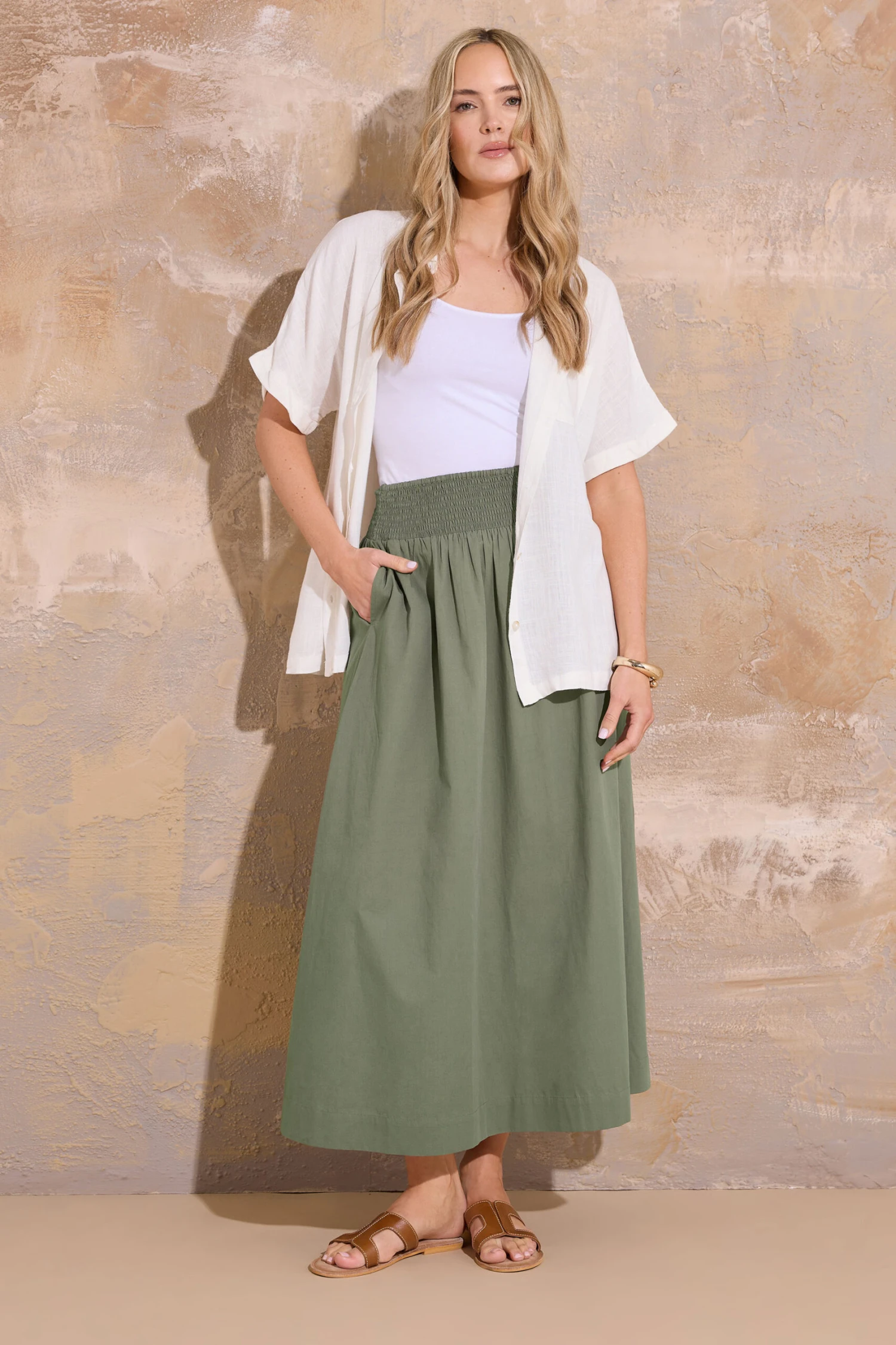 LTS Tall Khaki Green Cotton Shirred Waist Maxi Skirt 3 LTS Tall Khaki Green Cotton Shirred Waist Maxi Skirt