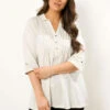 EVANS Curve Cream Pintuck Henley Top