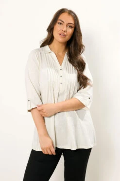 EVANS Curve Cream Pintuck Henley Top