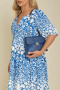 Blue Faux Leather Chain Detail Shoulder Bag