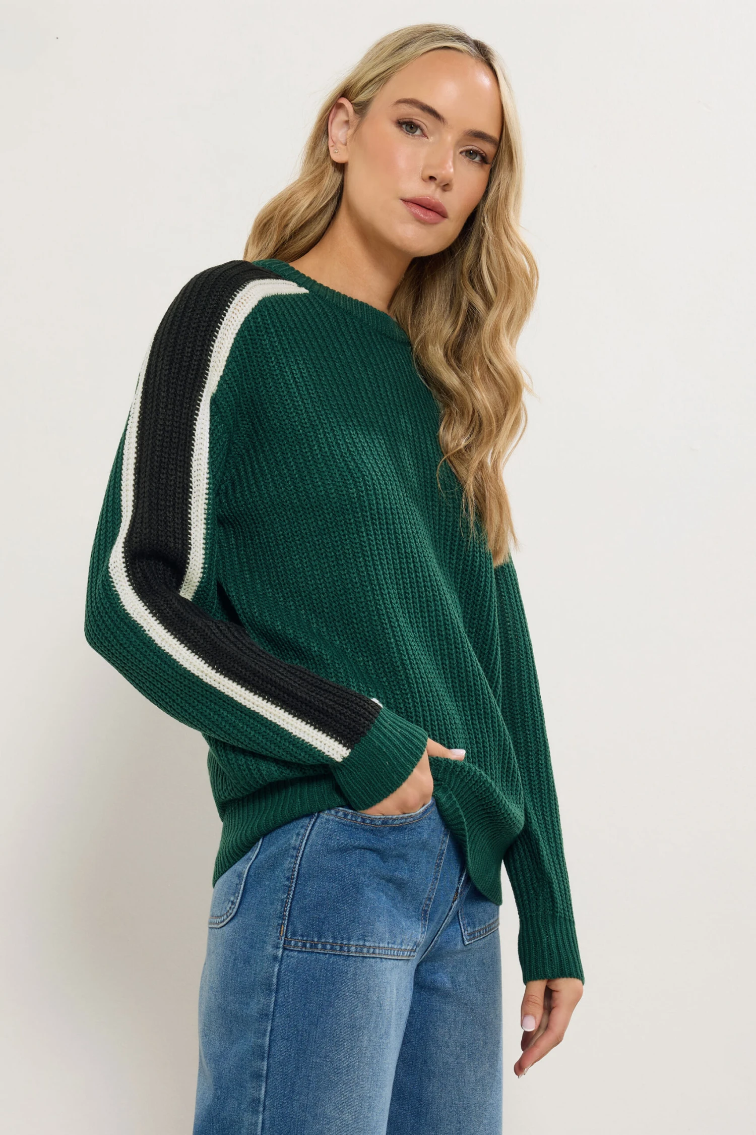 LTS Tall Green Sleeve Stripe Knitted Jumper 3 LTS Tall Green Sleeve Stripe Knitted Jumper