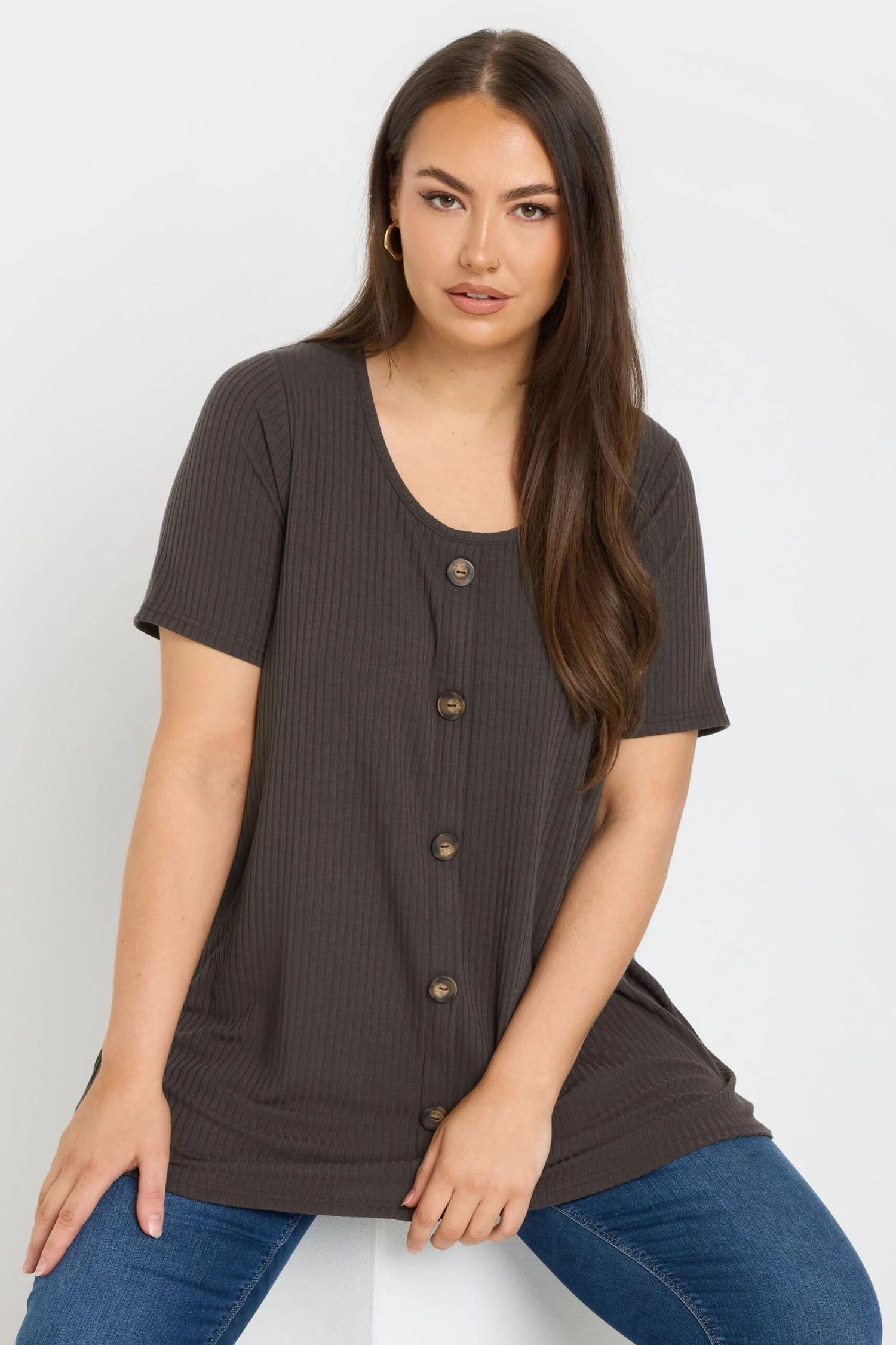 YOURS - Top Marron Nervuré Volanté Manches Courtes 3 YOURS - Top Marron Nervuré Volanté Manches Courtes