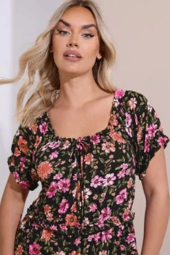 YOURS Curve Robe Longue Noire à Volants Et Fleurs -Evans Boutique 1131f87f 1bae 4b 270237 D