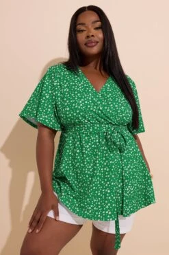 YOURS - Top Cache-Coeur Vert Floral Manches Courtes