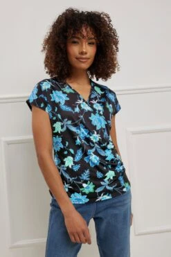 M&Co Black & Blue Floral Print Wrap Top