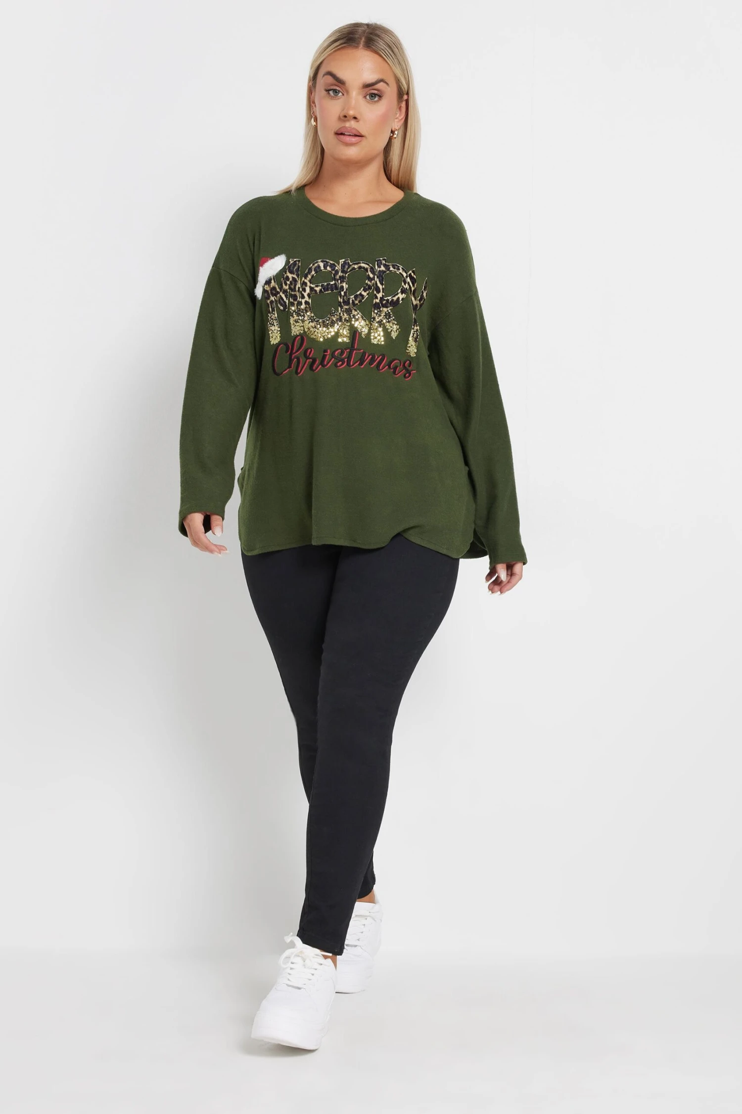 YOURS - Sweatshirt Vert Kaki Brodé 'Merry Christmas' Sequins Léopard 4 YOURS - Sweatshirt Vert Kaki Brodé 'Merry Christmas' Sequins Léopard – Image 2