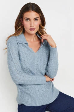 LTS Tall Blue Open Collar Cable Knit Jumper