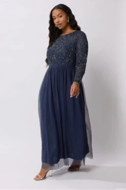 LUXE - Robe Longue Bleu Marine à Sequins Et Fleurs, Ornée à La Main
