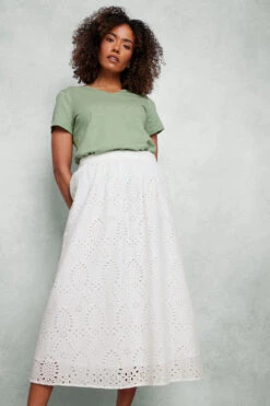 M&Co White Cotton Broderie Midi Skirt