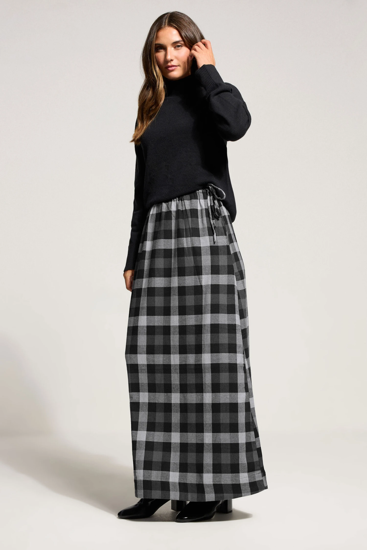LTS Tall Black Cotton Check Side Tie Maxi Skirt 4 LTS Tall Black Cotton Check Side Tie Maxi Skirt – Image 2