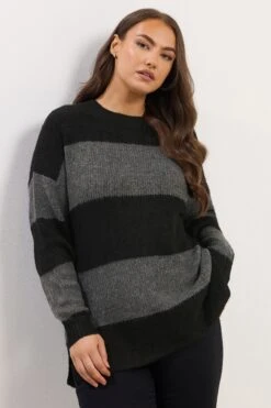 YOURS - Pull En Maille Noir & Gris à Rayures