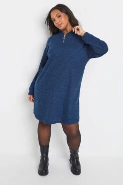 YOURS Curve Robe Pull Côtelée Bleue à Col Zippé