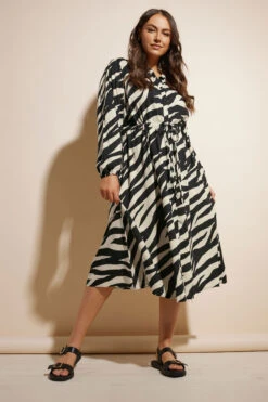 YOURS - Robe-Chemisier Noir & Crème Zébré Manches Longues