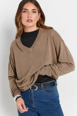 LTS Tall Beige Brown Long Sleeve V-Neck Jumper
