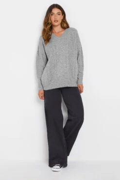 LTS Tall Grey Cable Knit V-Neck Jumper -Evans Boutique 1d1d1287 a605 40 353829 B