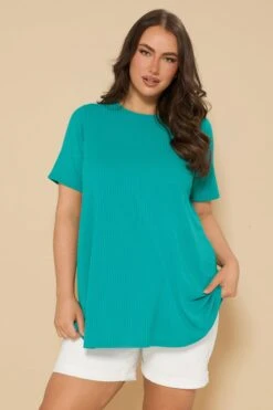 YOURS - Top Bleu Sarcelle Nervuré Volanté à Manches Courtes