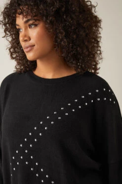 EVANS Curve Black Stud Longline Jumper -Evans Boutique 1f11c587 a491 4f 615672 D