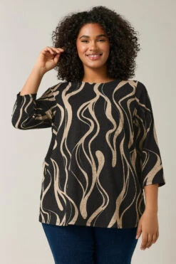 EVANS Curve Black Linear Print Jersey Crepe Top