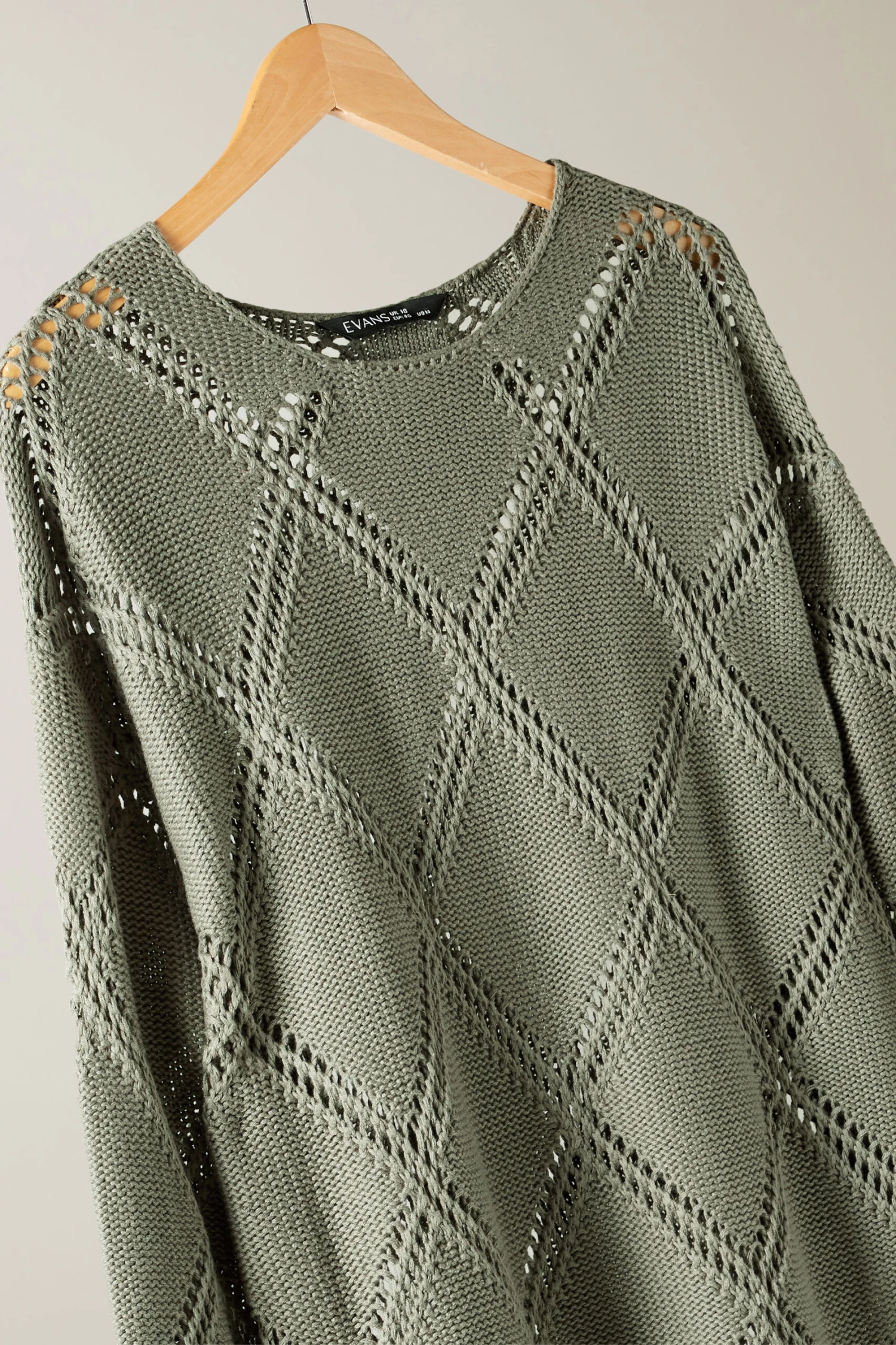 EVANS Curve Khaki Green Diamond Pointelle Jumper 9 EVANS Curve Khaki Green Diamond Pointelle Jumper – Image 7