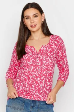 LTS Tall Pink Ditsy Floral Print Cotton Henley Top