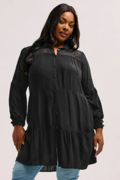 YOURS - Chemisier Noir Volanté Smocké Manches Longues