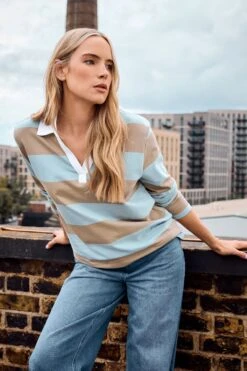 LTS Tall Light Blue & Brown Stripe Rugby Sweatshirt