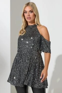 YOURS LONDON - Top Smocké Argenté à Sequins Épaules Ajourées