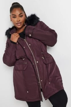 YOURS - Manteau Parka Bordeaux Capuche Fausse Fourrure