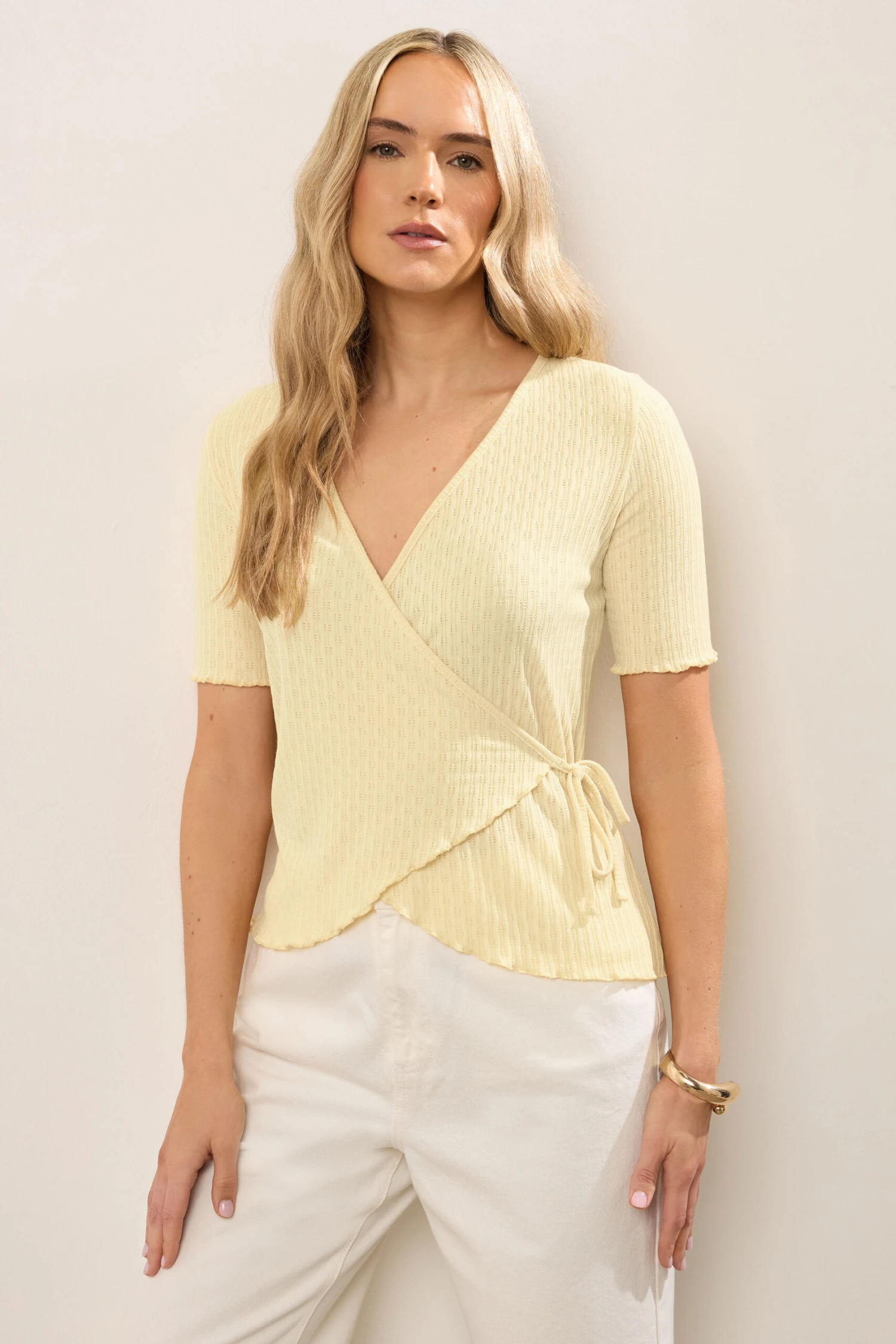 LTS Tall Yellow Pointelle Knit Wrap Top 4 LTS Tall Yellow Pointelle Knit Wrap Top – Image 2
