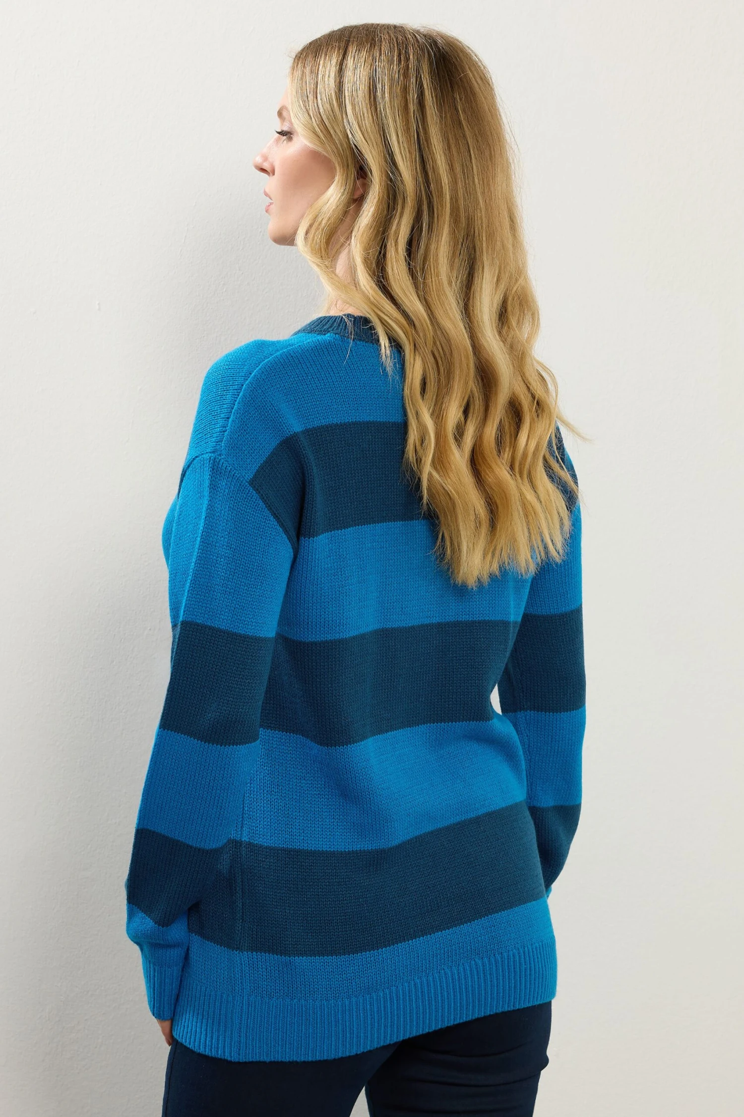 LTS Tall Blue Knitted Stripe Crew Neck Jumper 5 LTS Tall Blue Knitted Stripe Crew Neck Jumper – Image 3