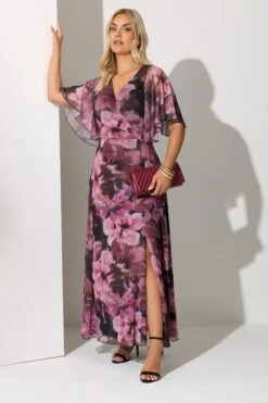 YOURS LONDON Curve Robe Portefeuille Longue En Maille Fleurie Rose Foncé