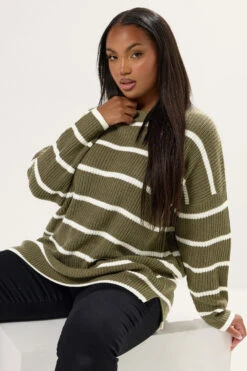 YOURS - Pull Tricoté à Rayures Vert Kaki