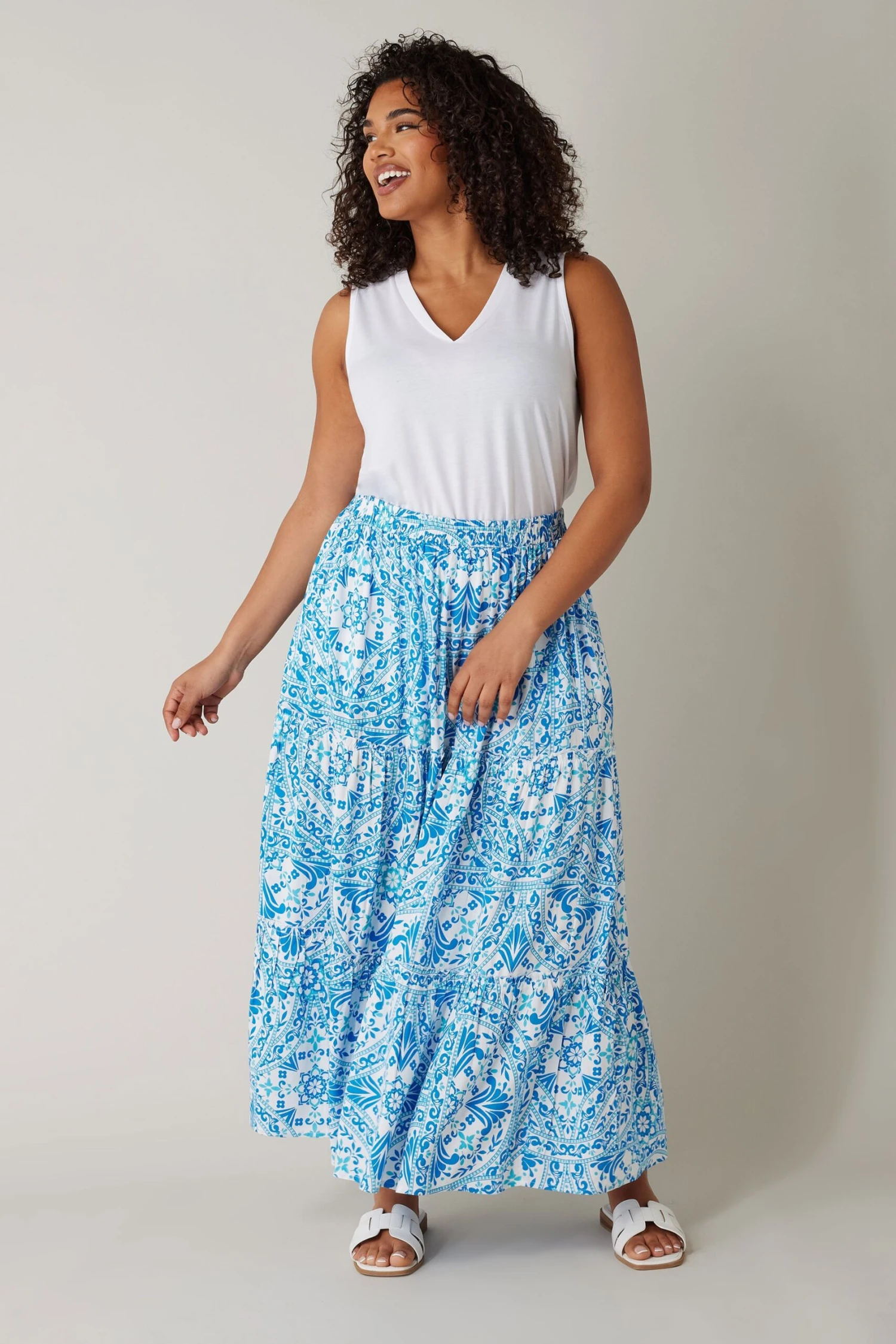 EVANS Curve Blue Tile Print Tiered Maxi Skirt 4 EVANS Curve Blue Tile Print Tiered Maxi Skirt – Image 2