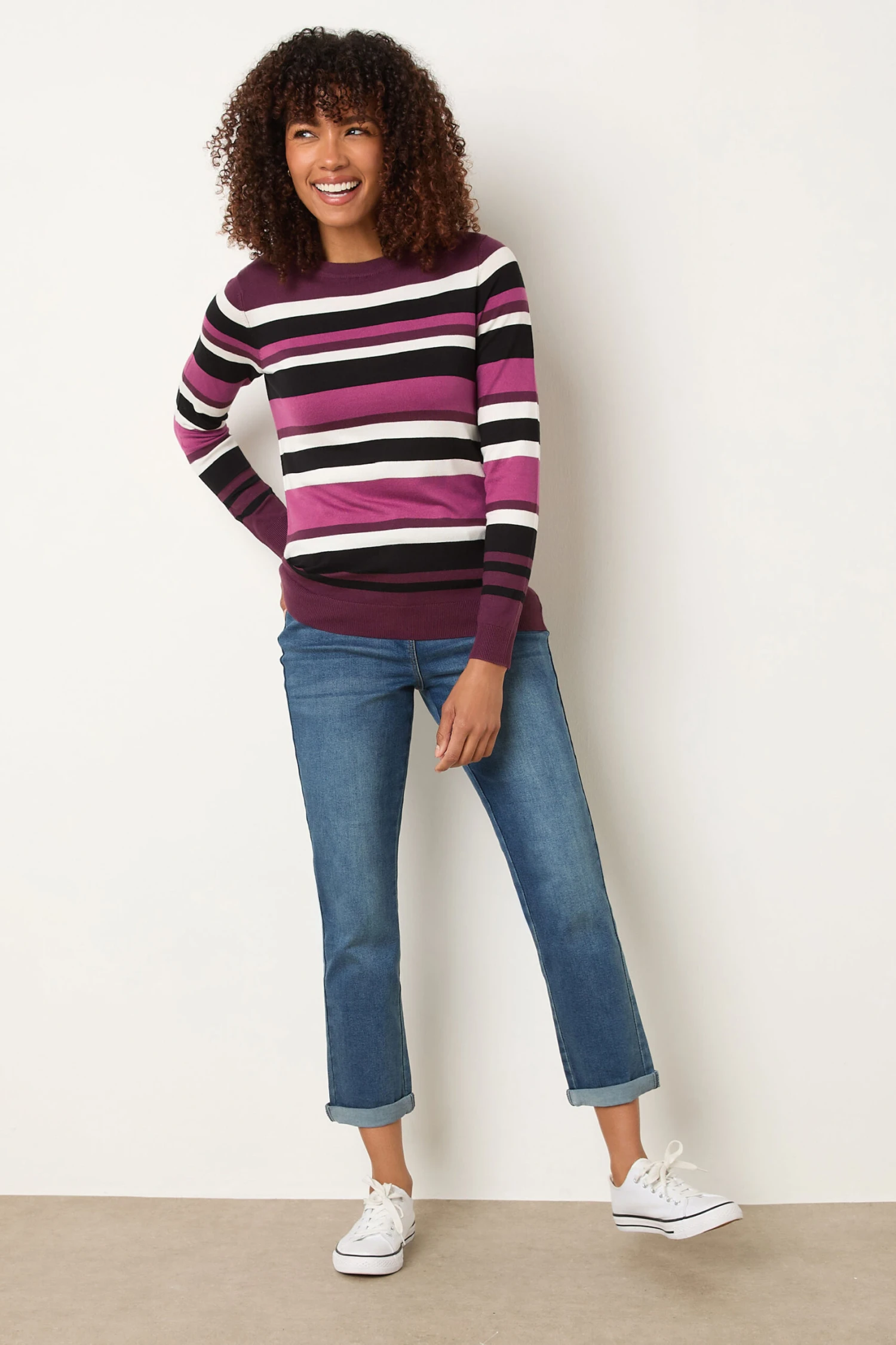 M&Co Berry Purple Stripe Crew Neck Jumper 4 M&Co Berry Purple Stripe Crew Neck Jumper – Image 2