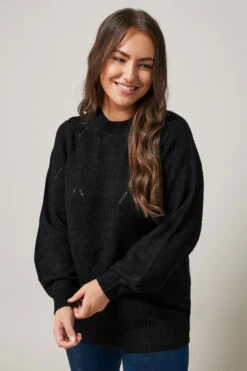 EVANS Curve Black Pointelle Knitted Jumper