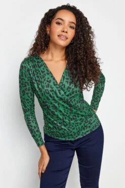 M&Co Green Leopard Print Wrap Top